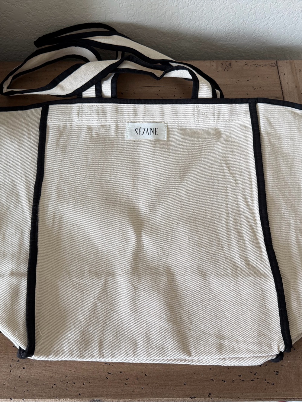 SEZANE Cream Canvas Tote with Black Trim and Handles